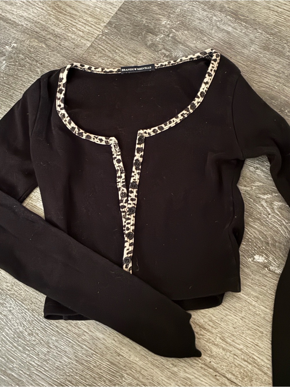Rare Brandy Melville Black Long Sleeve Top with Leopard-Print Trim